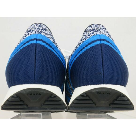 NIB PRADA 2EG272 BLUE FABRIC TRAINERS KNIT LOGO LACE UP SNEAKERS 7 US 8 ITALY